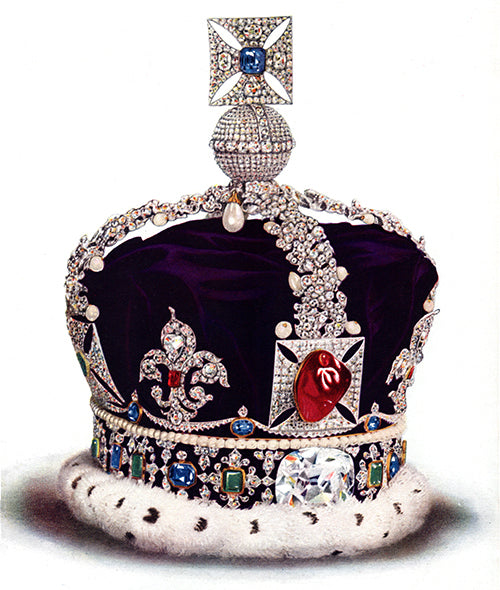 Historic illustration of the Imperial State Crown with a large red stone in its front cross