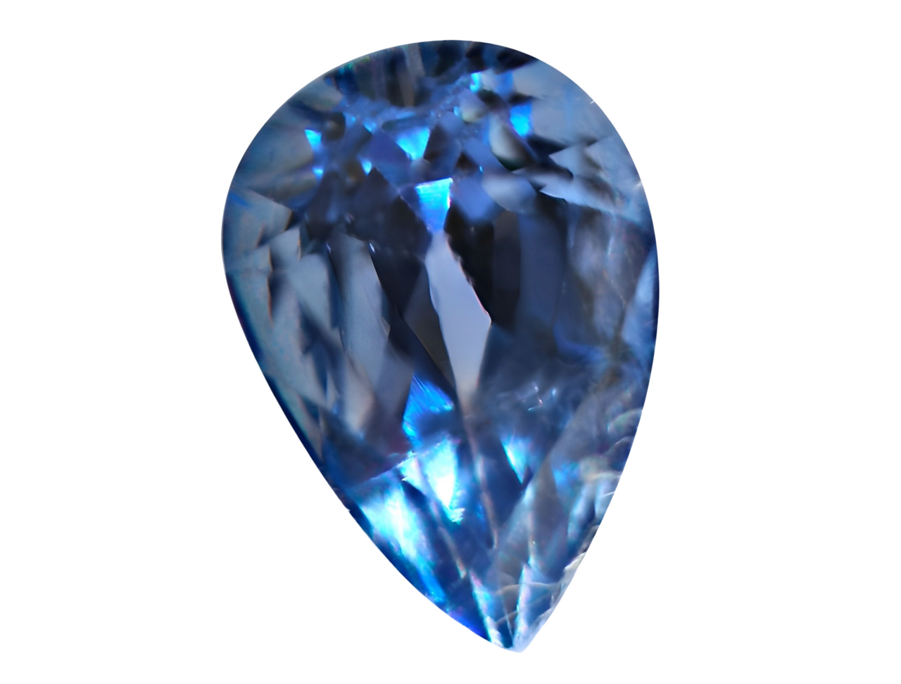 A faceted blue sapphire with a pear-shaped outline
